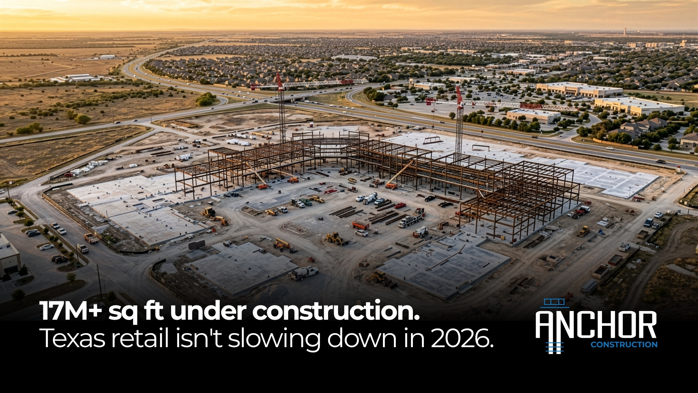 Retail construction site in Texas 2026; steel framework and crane at commercial development